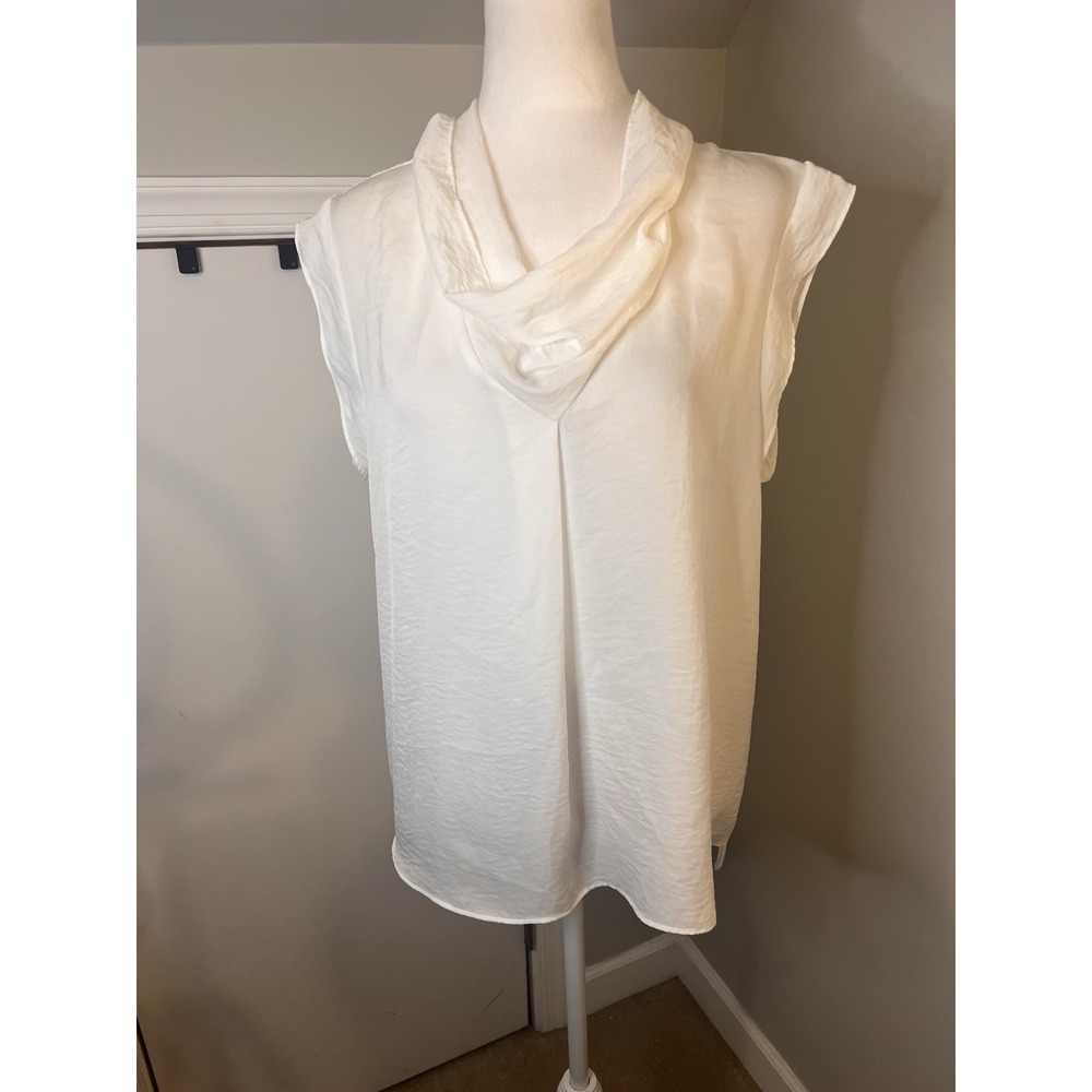 Ellen Tracy White Cowl Neck Top L Ivory Crinkle Crepe Cap Sleeve Tunic Blouse